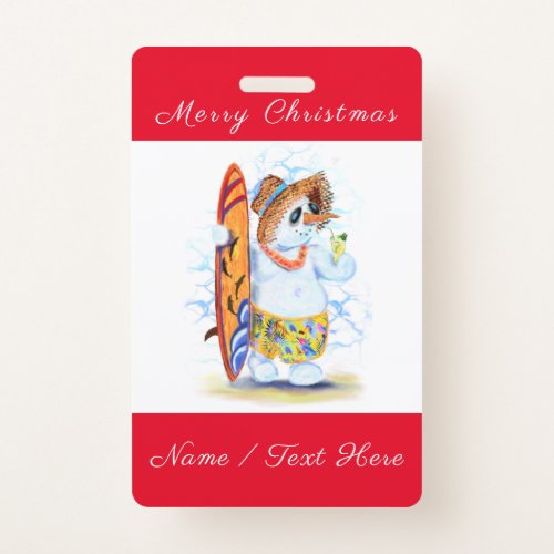 Funny Christmas Badge with Snowman Surfer