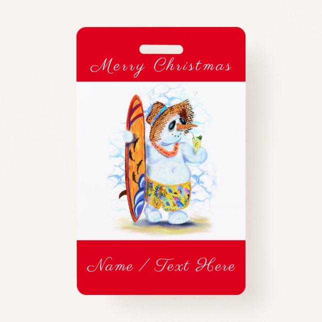 Funny Christmas Badge with Snowman Surfer (Front)
