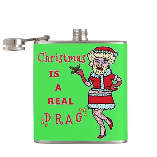 Funny Christmas Bah Humbug Santa in Drag Hip Flask
