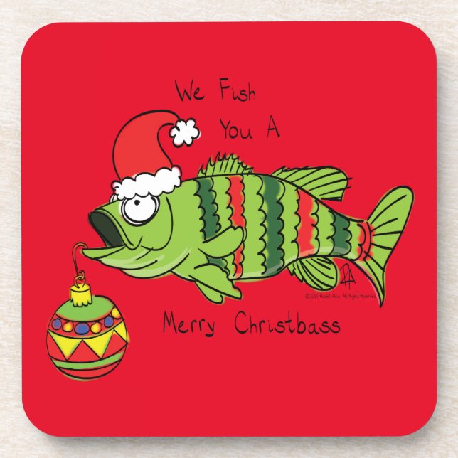 Funny Christmas Bass Fishing Fish Cute Cartoon Beverage Coaster (Front)