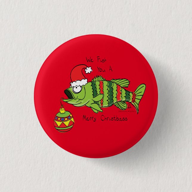 Funny Christmas Bass Fishing Fish Cute Cartoon Button (Front)