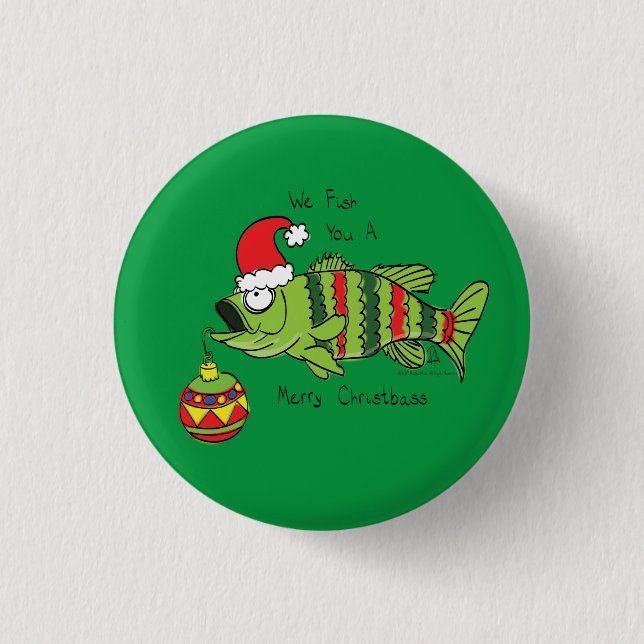 Funny Christmas Bass Fishing Fish Cute Cartoon Button (Front)