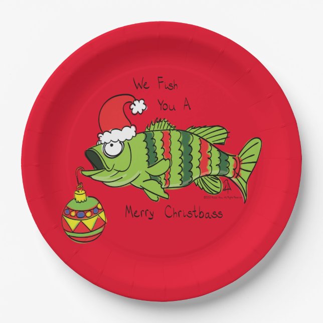 Funny Christmas Bass Fishing Fish Cute Cartoon Paper Plates (Front)