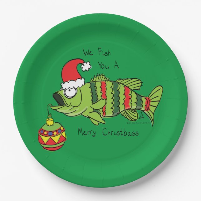 Funny Christmas Bass Fishing Fish Cute Cartoon Paper Plates (Front)
