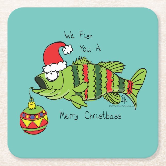 Funny Christmas Bass Fishing Fish Cute Cartoon Square Paper Coaster (Front)