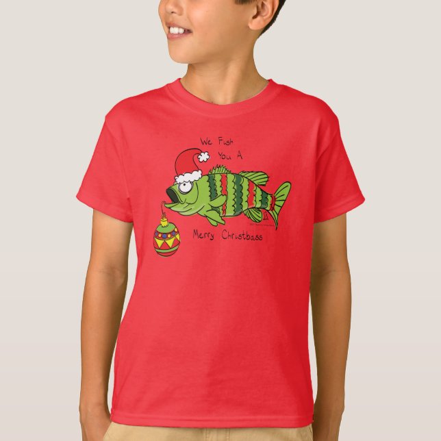 Funny Christmas Bass Fishing Fish Cute Cartoon T-Shirt (Front)