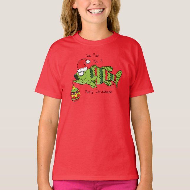 Funny Christmas Bass Fishing Fish Cute Cartoon T-Shirt (Front)