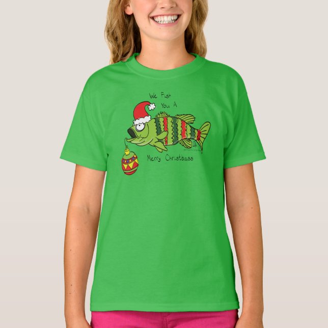 Funny Christmas Bass Fishing Fish Cute Cartoon T-Shirt (Front)