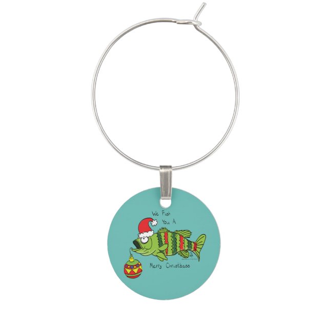 Funny Christmas Bass Fishing Fish Cute Cartoon Wine Charm (Front)