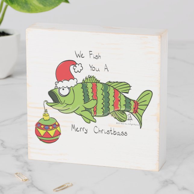 Funny Christmas Bass Fishing Fish Cute Cartoon Wooden Box Sign (In Situ Horizontal)