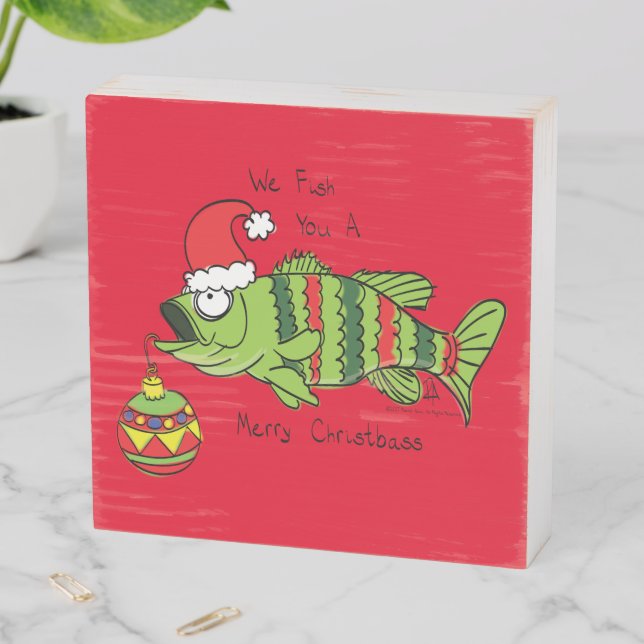 Funny Christmas Bass Fishing Fish Cute Cartoon Wooden Box Sign (In Situ Horizontal)