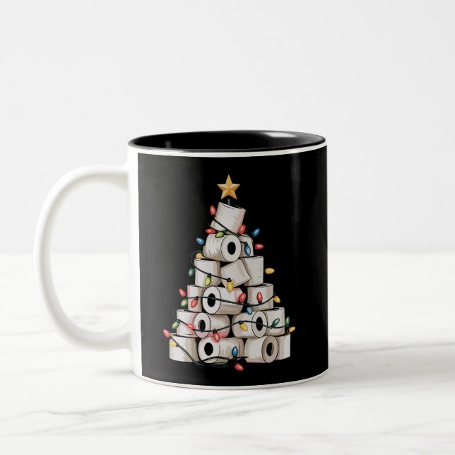 Funny Christmas Bathroom Toilet Paper Tree Humor Two-Tone Coffee Mug (Left)