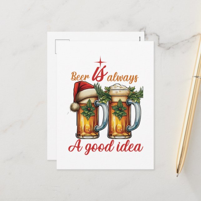 Funny Christmas Beer word art bar  Holiday Postcard (Front/Back In Situ)