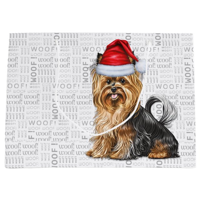 Funny Christmas Biewer Terrier Woof Large Gift Bag (Front)