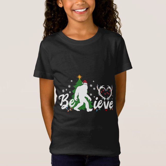 Funny Christmas Bigfoot Believe Bigfoot with Santa T-Shirt (Front)