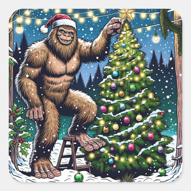 Funny Christmas Bigfoot Sasquatch Personalized Square Sticker (Front)