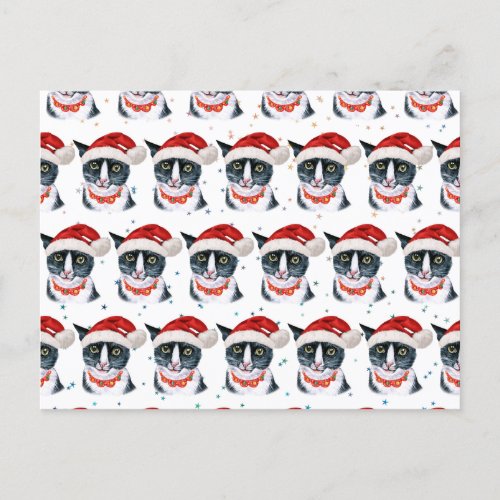 Funny Christmas Black and White Cat Watercolor Holiday Postcard