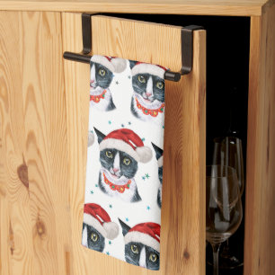 Funny Christmas Black and White Cat Watercolor Kitchen Towel