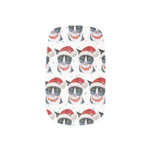 Funny Christmas Black and White Cat Watercolor Minx Nail Art
