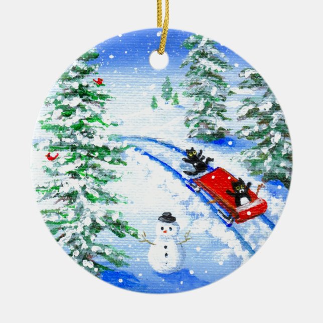 Funny Christmas Black Cat Art Creationarts Ceramic Ornament (Front)