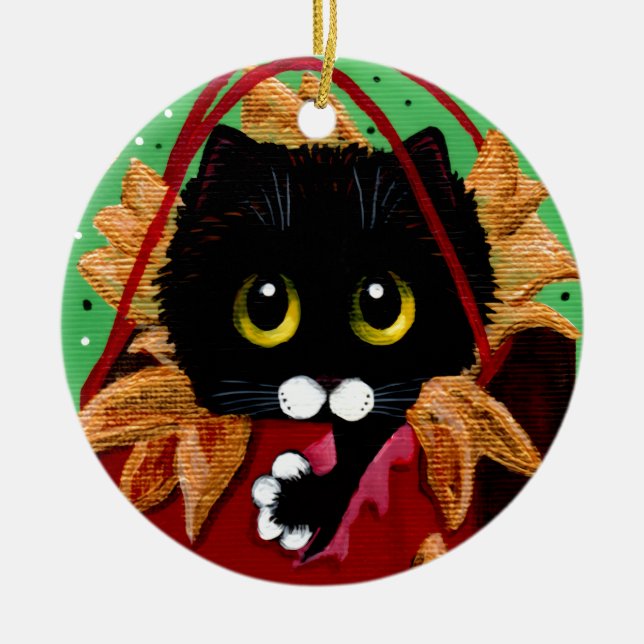 Funny Christmas Black Cat Art Creationarts Ceramic Ornament (Front)