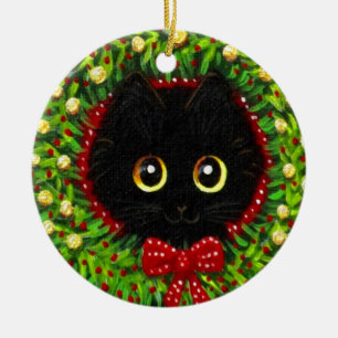 Funny Christmas Black Cat Art Creationarts Ceramic Ornament