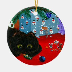 Funny Christmas Black Cat Art Creationarts Ceramic Ornament