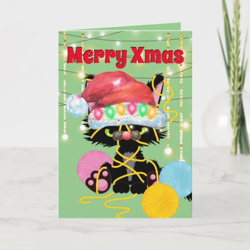 Funny Christmas black cat Santa hat lights wool Card