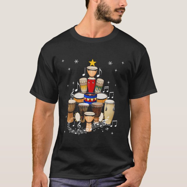 Funny Christmas Bongo Drum Player Gifts Xmas Tree T-Shirt (Front)