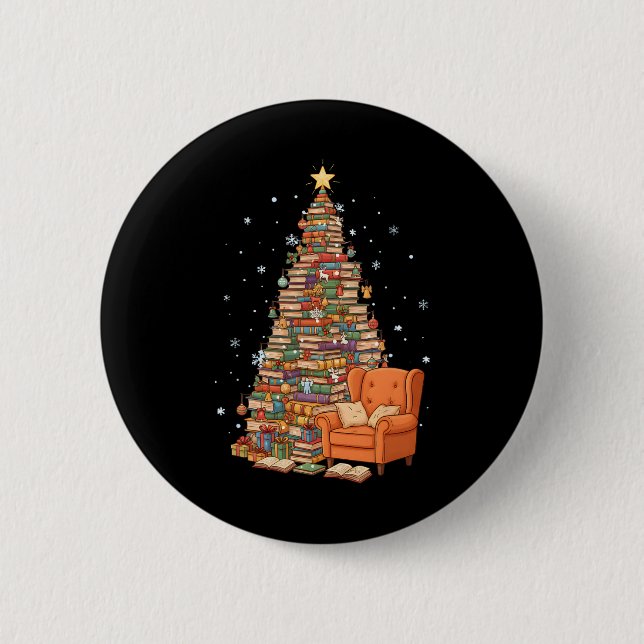 Funny Christmas Books Tree Book Lover Teacher Libr Button (Front)