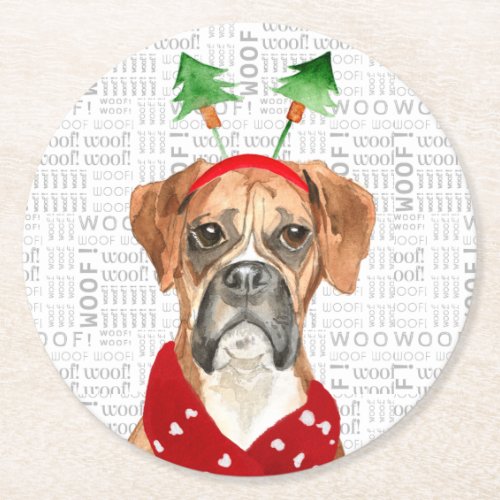 Funny Christmas Boxer Dog Lover Holiday Round Paper Coaster