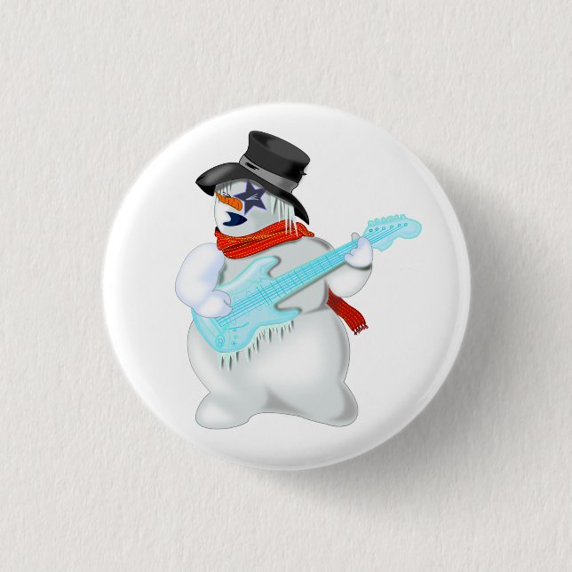 Funny Christmas Button with Snowman with Guitar (Front)