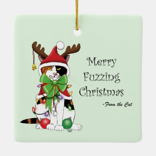 Funny Christmas Calico Cat Ceramic Ornament