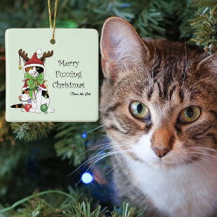 Funny Christmas Calico Cat Ceramic Ornament