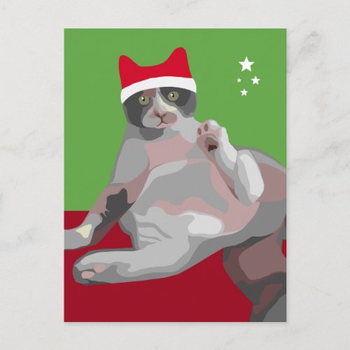 Funny Christmas Calico Cat Santa Hat Holiday Postcard