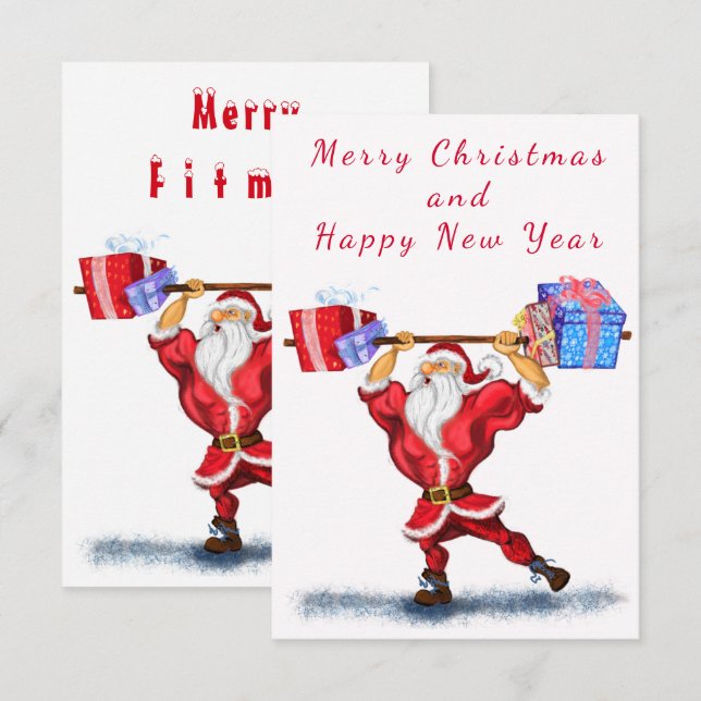 Funny Christmas Card Bodybuilder Santa with Gifts (Front/Back)