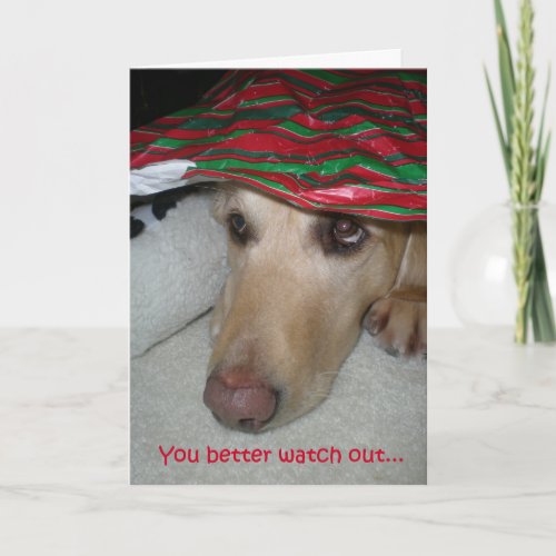 Funny Christmas card dog watching out for Santa Card