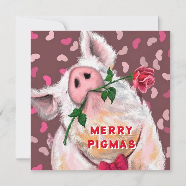 Funny Christmas Card Gentleman Pig with Rose (Front)