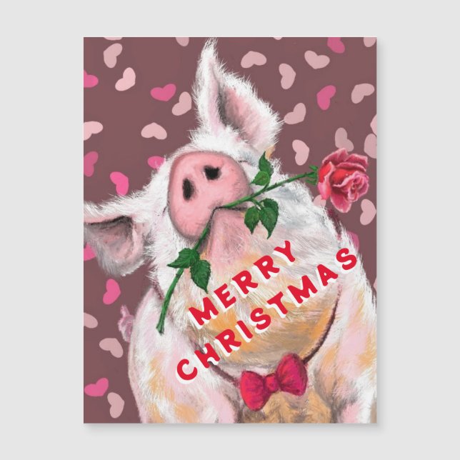 Funny Christmas Card Magnet with Gentleman Pig (Front)