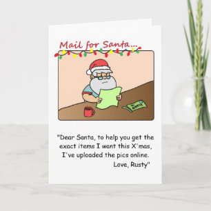 Funny Christmas Card: Santa reads request mail Holiday Card