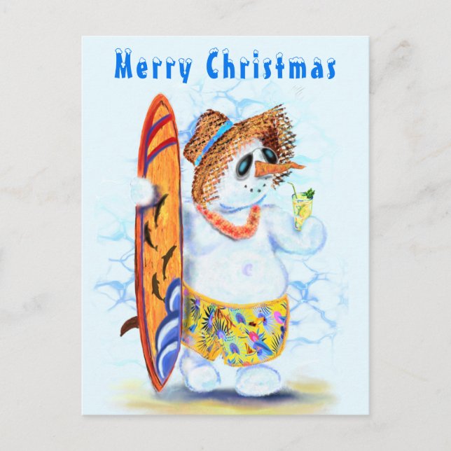 Funny Christmas Card Snowman Surfer (Front)