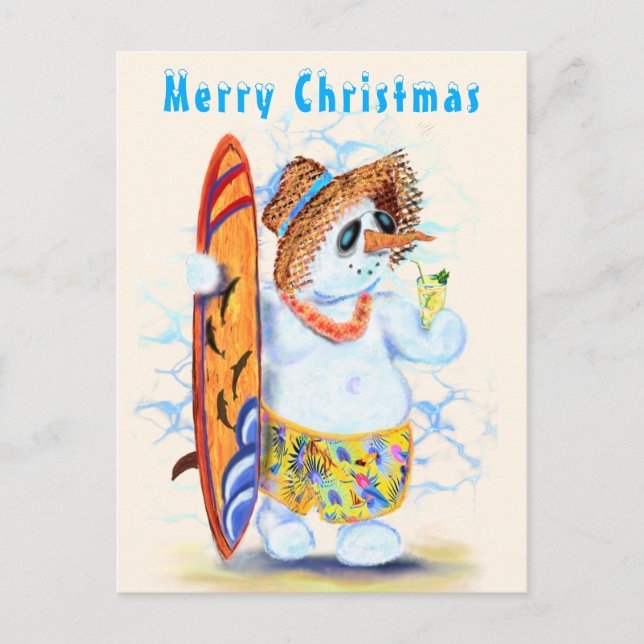 Funny Christmas Cards Snowman Surfer with Cocktail (Front)