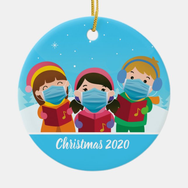 Funny Christmas Carolers in Face Mask Ceramic Ornament (Front)