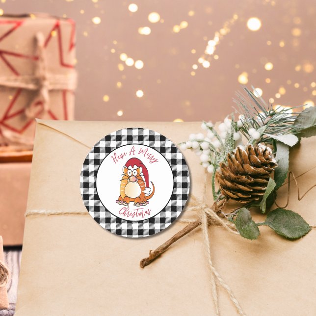 Funny Christmas Cartoon Cat Santa Hat Holiday Classic Round Sticker (Creator Uploaded)