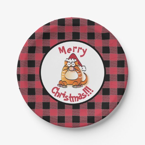 Funny Christmas Cartoon Cat with Santa Hat Bold Paper Plates