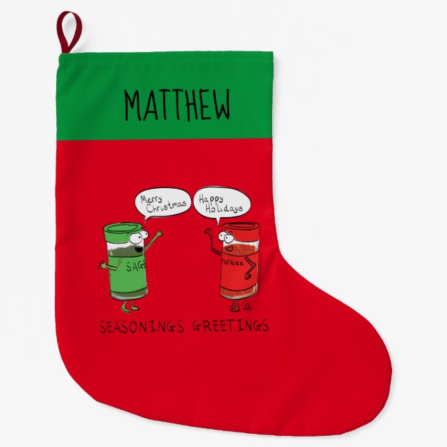 Funny Christmas Cartoon Cooking Spices Large Christmas Stocking (Front)