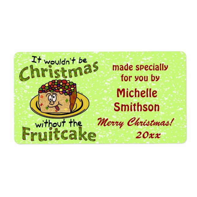 Funny Christmas Cartoon Fruitcake Label (Front)