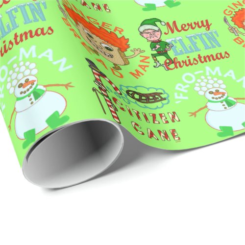 Funny Christmas Cartoon Pun Characters Wrapping Paper