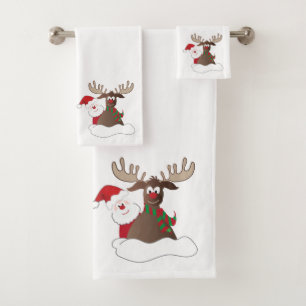 Funny Christmas cartoon Santa& reindeer Bath Towel Set