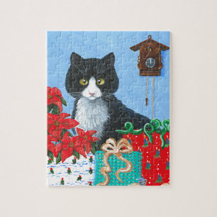 Funny Christmas Cat Black Tuxedo Cuckoo Clock Jigsaw Puzzle